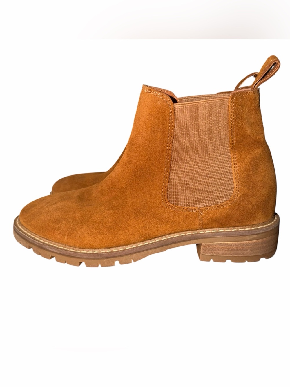 Steve Madden Leopold Suede Chelsea Boots Cognac Brown Lug Sole Leather Women 7.5 - Picture 4 of 9